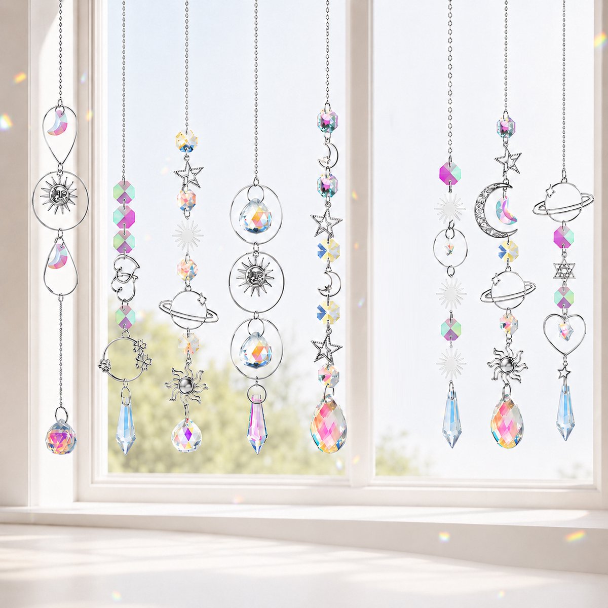 FLITI Kristallen Suncatcher Set – 8 Stuks – Zon, Maan, Sterren & Planeet Design – Regenboog Raamhangers – 34 cm – Voor Raam, Woonkamer & Slaapkamer Wit 8