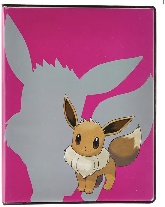 Roze map met Eevee. Op de voorkant staat een grote grijze schaduw van Eevee en een kleine, bruine Eevee met een witte kraag.