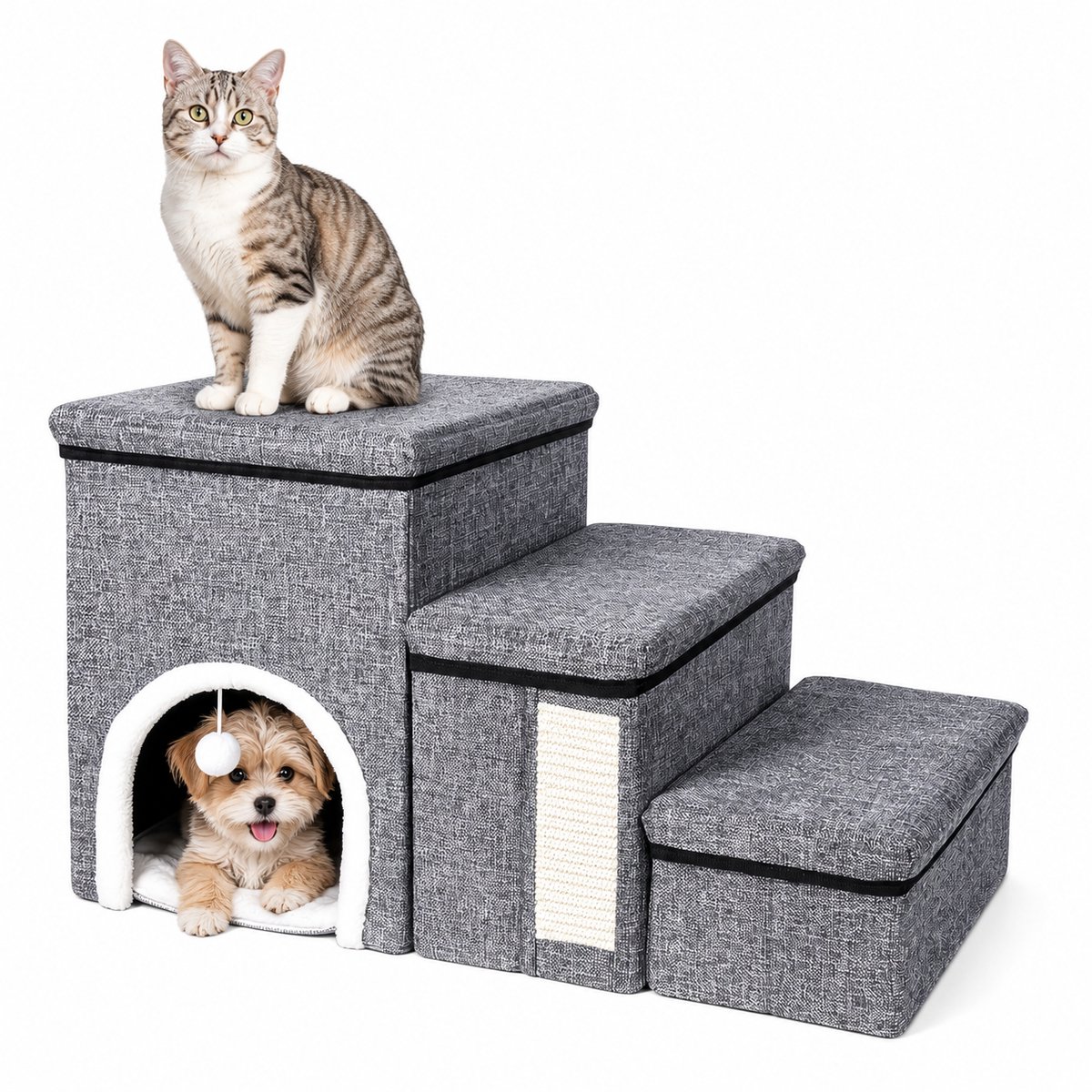 NordPaw® Huisdiertrap met Opbergruimte – Opvouwbare Hondentrap met Huisje & Krabplank – Kattentrap met 3 Treden – Tot 60 kg – Grijs