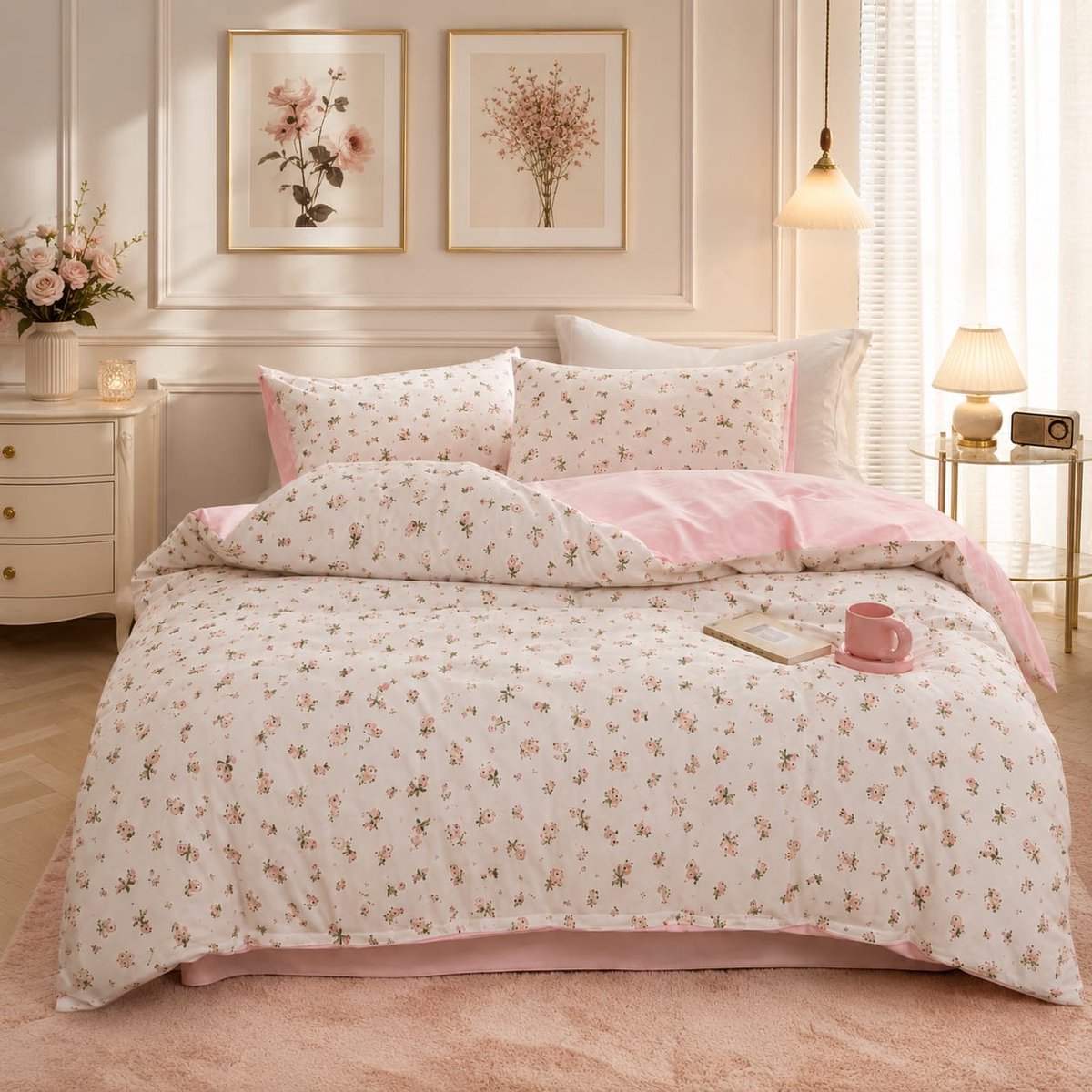 Beddengoedset 200x220 cm - Roze/Wit - Bloemen & Bladeren - Omkeerbaar Dekbedovertrek met Ritssluiting en 2 Kussenslopen - Microvezel - Allergievriendelijk - Oeko-Tex Gecertificeerd