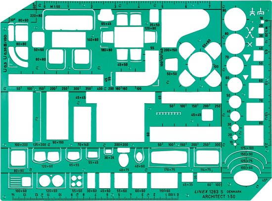 Groen architectuursjabloon met meubel- en circulatievormen, schaal 1:50.