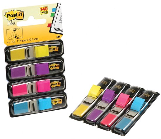 Post-itÂ® Index Smal, Standaard Dispenser, Helderblauw, Geel, Roze, Paars, 12 x 43 mm, 35 Tabs/Kleur/Dispenser