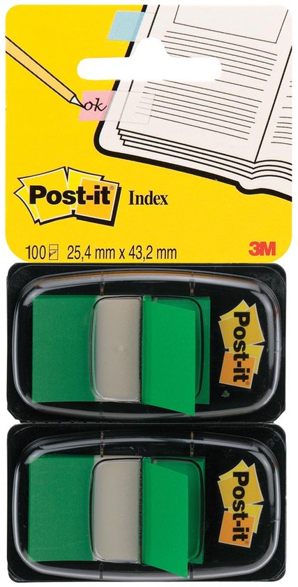 Post-it® Index standaard duo pack, groen, 25.4 x 43.2 mm, 50 Tabs/Dispenser