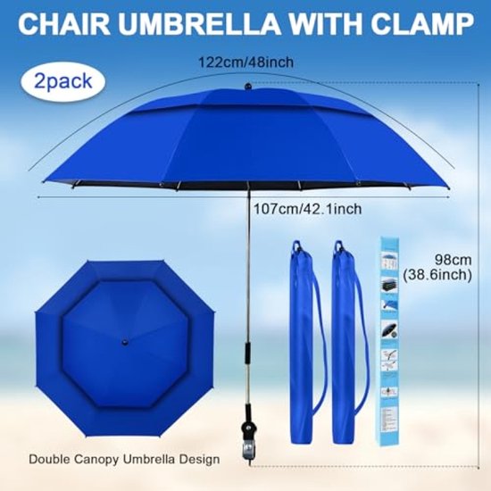 ModernStore Set van 2 strandparasols met klem, UPF 50+, 360° verstelbaar, voor strandstoel, campingstoel en rolstoel - Dubbellaagse overkapping, Blauw — afbeelding 4