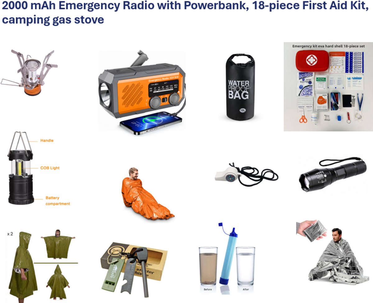 RezReady Gezinsnoodpakket - met een 2000 mAh Noodradio - 72 uur Noodpakket voor Thuis - Survival Kit & Overlevingspakket - Oorlog - Compleet Overlevingspakket voor het Hele Gezin