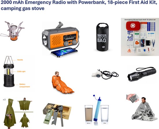 Overzicht van diverse noodpakket items: gasbrander, radio, tas, EHBO-set, lantaarn, poncho, fluitje, zaklamp, waterfilter en dekens.