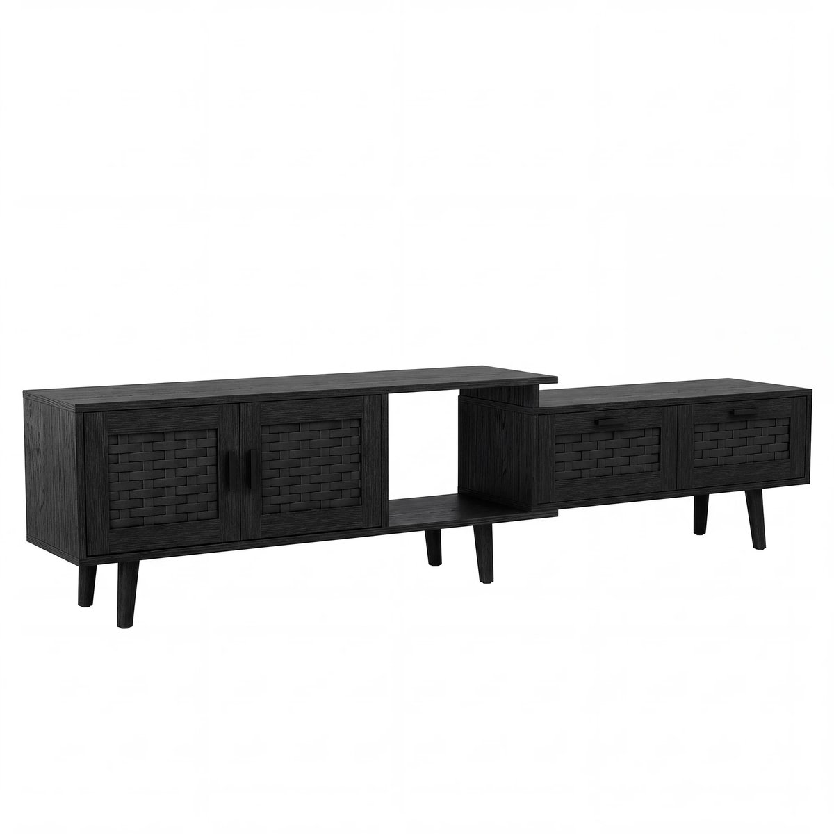 Noventra - tv meubel - tv kast - zwart - in en uitschuifbaar - met 5 opbergruimtes - 145-180 cm lengte - 44 cm hoog - 29cm breed