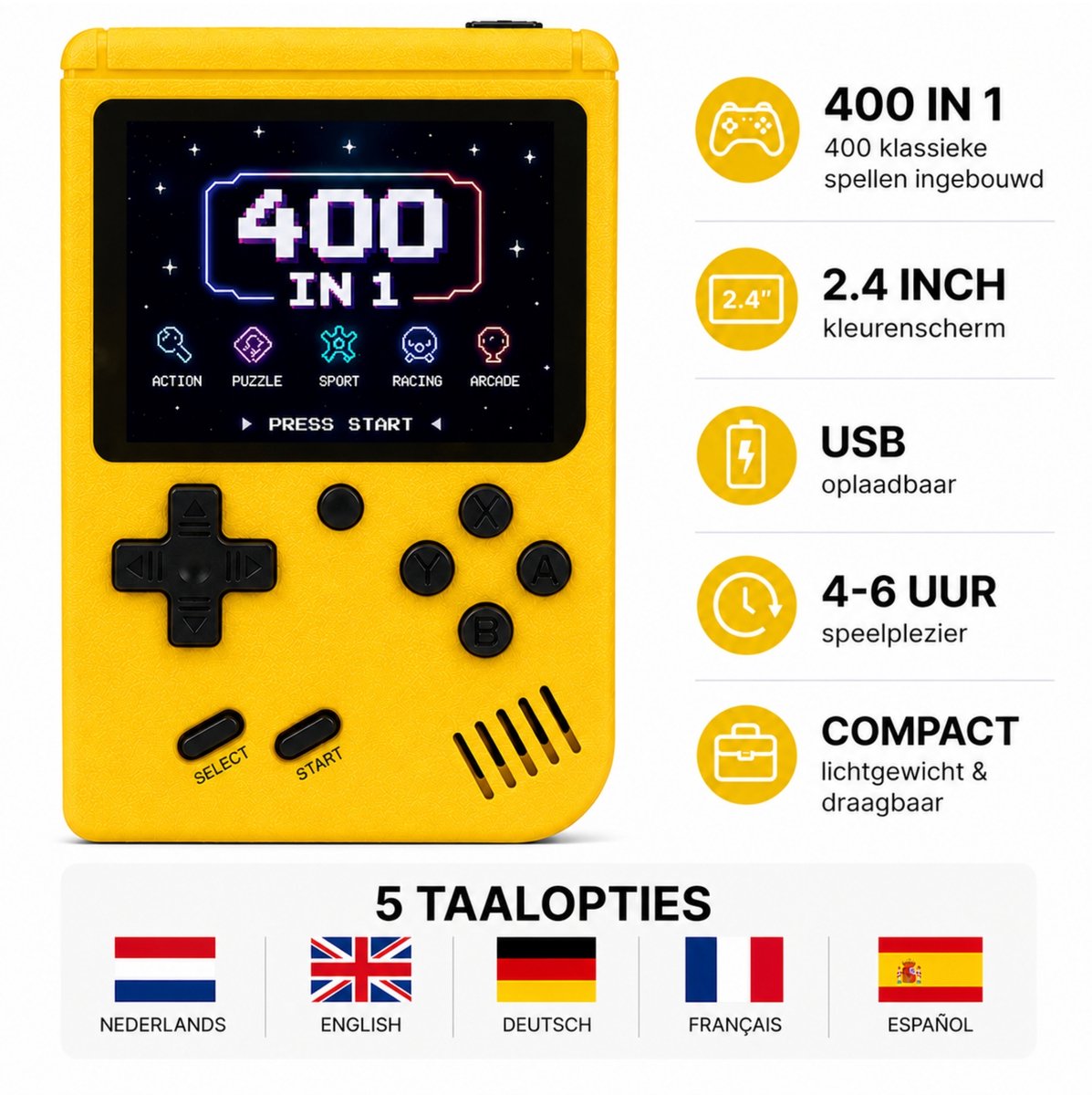 FivesquareNL Retro Handheld Game Console – 400 Spellen – USB Oplaadbaar – 2.4 Inch Kleurenscherm – Draagbare Spelcomputer voor Kinderen & Volwassenen – Geel