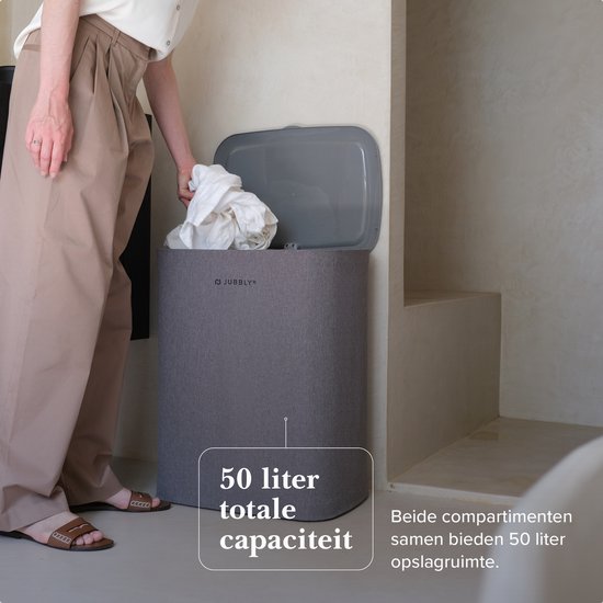 Jubbly® - Wasmand - Wassorteerder - Wasmand met Deksel - Wasmand 2 vakken - Wasmand opvouwbaar - Wasbox - 50 Liter - Grijs - The Splitsmart