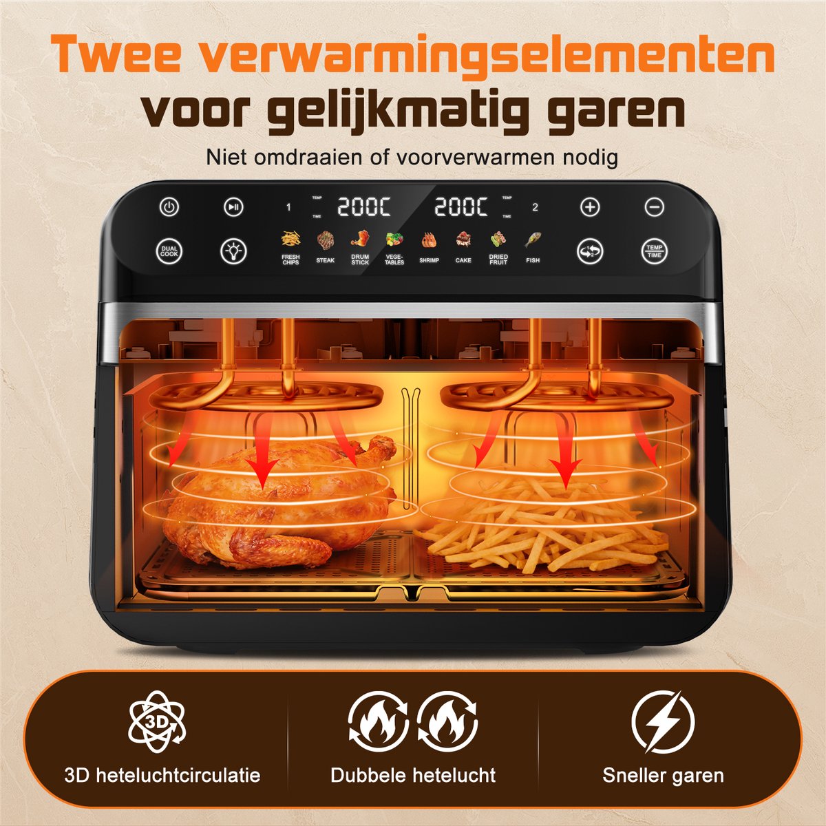 Fukstern Airfryer XXL 11L – Grote Airfryer met Flexibele Basket, Uitneembare Scheidingswand & Kijkvenster – Touchscreen – Onafhankelijke Temperatuurregeling – 2600W – 8 Programma's – PFAS-vrije Metalen Anti-aanbakmand – Zilver thumbnail 7