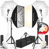Pixetool softbox set met twee paraplu's, twee softboxen, LED lampen (48W, 4800 Lumen, 3000-6000K) en statieven.