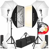 Pixetool softbox set met twee paraplu's, twee softboxen, LED lampen (48W, 4800 Lumen, 3000-6000K) en statieven.
