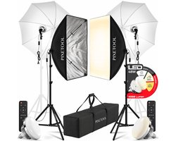 Pixetool Softbox fotostudio set 50 x 70cm inclusief 2 flitsparaplu’s - 2 Softbox studiolampen LED lampen 4800 Lumen 3000-6000K - 2m verstelbaar statief x2