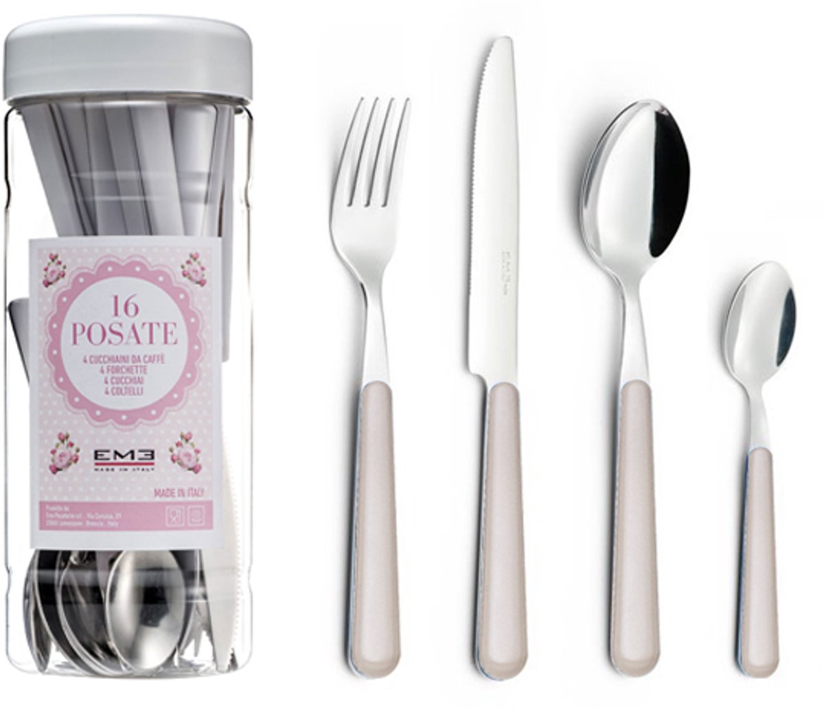EME Brio Bestekset voor 4 personen, 16-delig, Roestvrij staal met gekleurd handvat, Grey 9, Tube Box
