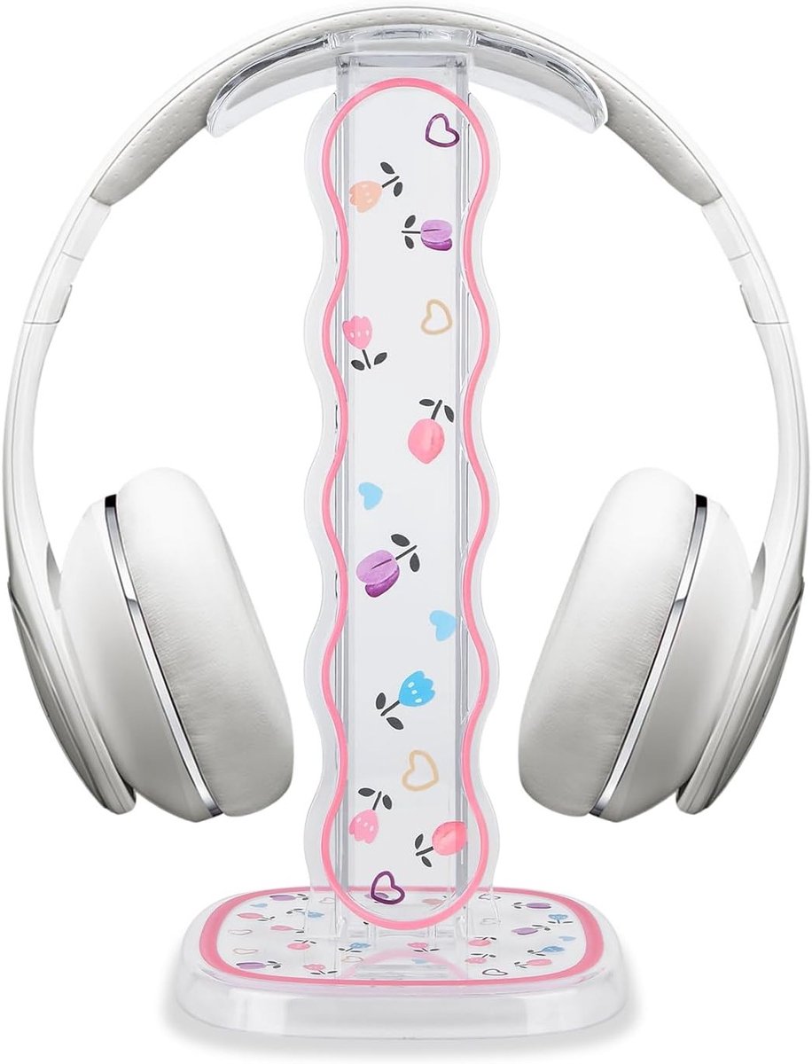Hoofdbandhouder met Stevige Basis, Afneembaar en Draagbaar, Schattig Tulp Design, Transparante Acryl Houder voor Hoofdtelefoons, Perfect voor Thuis of Kantoor
