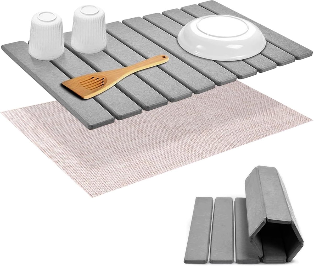 Grey Dish Drainer Mat, 60 x 39 cm, Foldable Draining Mat, Quick-Drying, Non-Slip, Pebble Gutter, Draining Mat for - ShopVlot