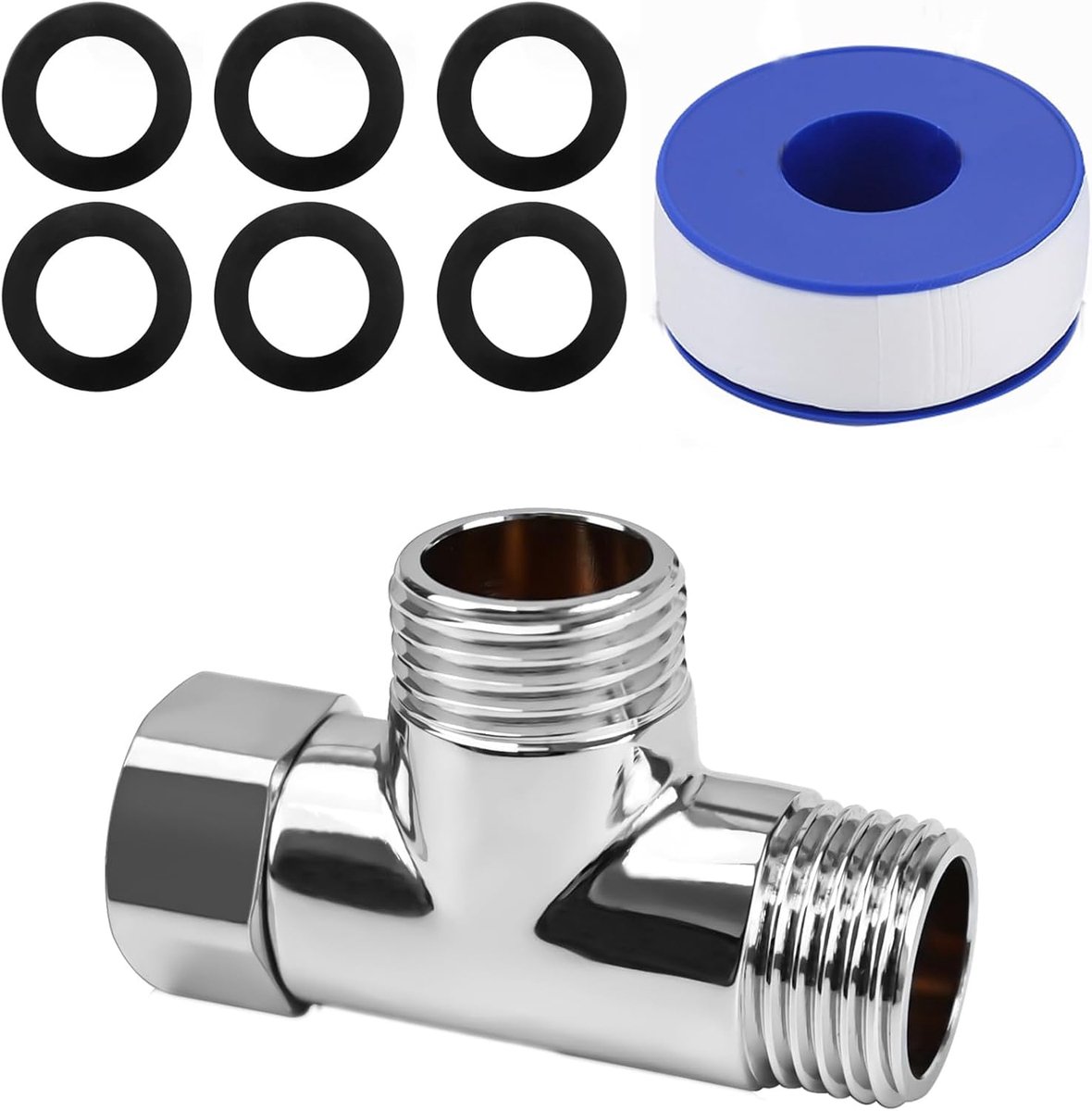 SnelShoppen - T-stuk 1/2" RVS - 3-weg waterverdeler met 6 afdichtringen (20 mm) voor drinkwater, douche, verwarming en thuisgebruik - Hoogwaardige T-a