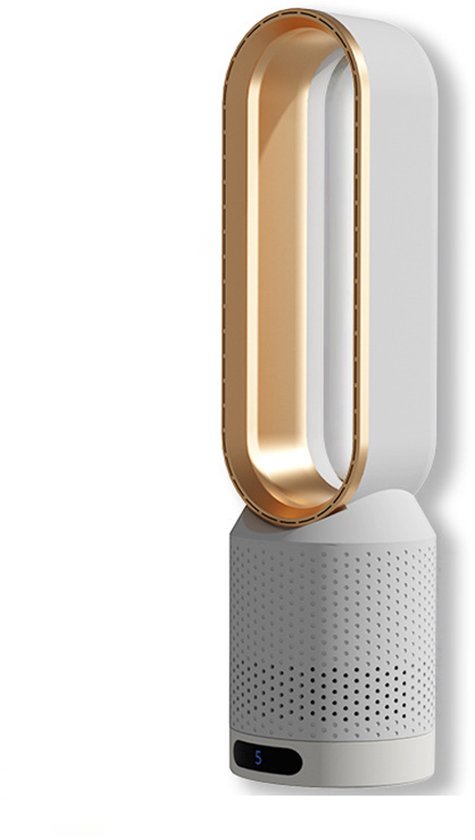 Witte bladeloze torenventilator met gouden binnenrand, staand.