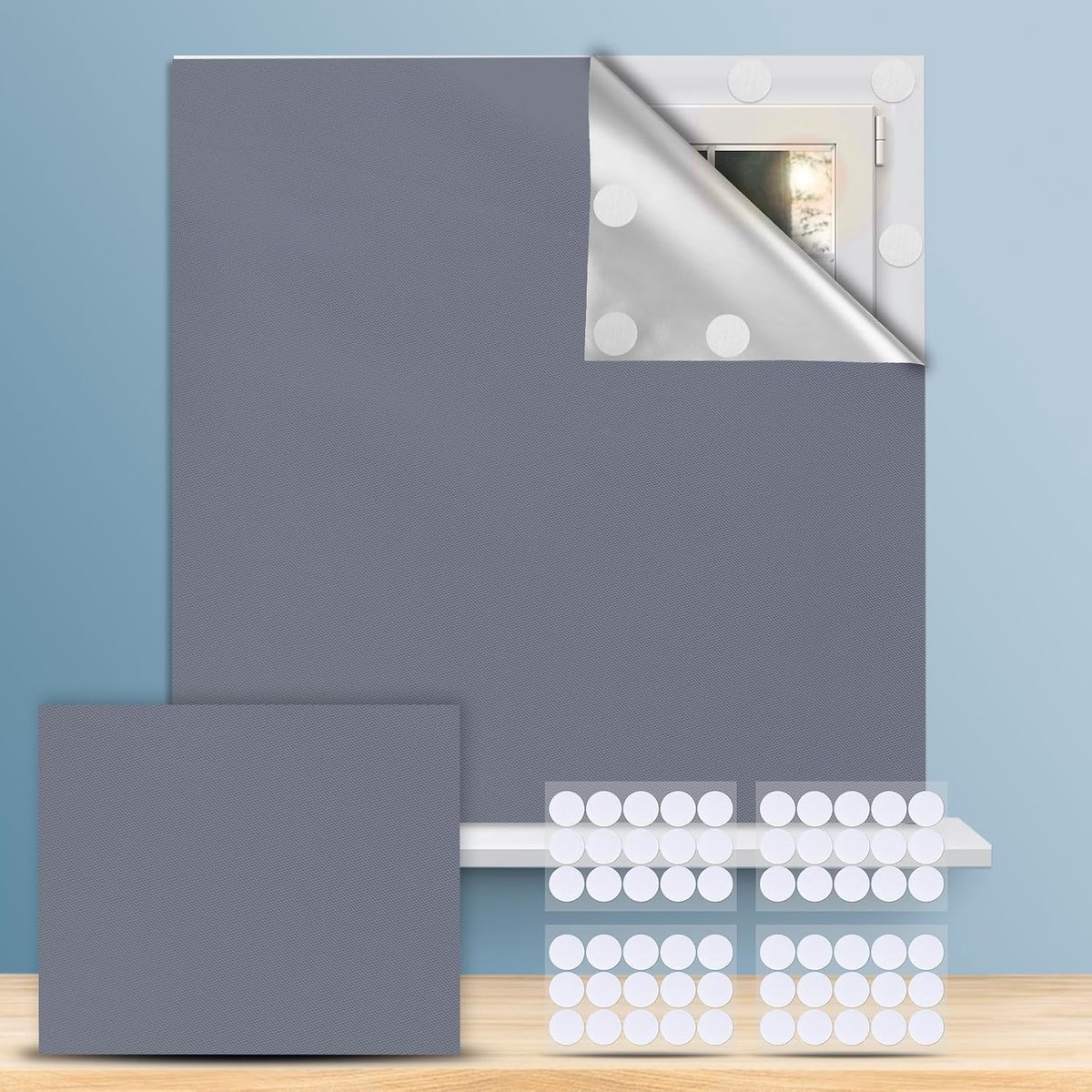 SnelShoppen - 100% Blackout Rolgordijn 300 x 145 cm Grijs | Ideaal voor slaapkamer, babykamer, dakraam, eenvoudig te plakken zonder boren, met 30 paar