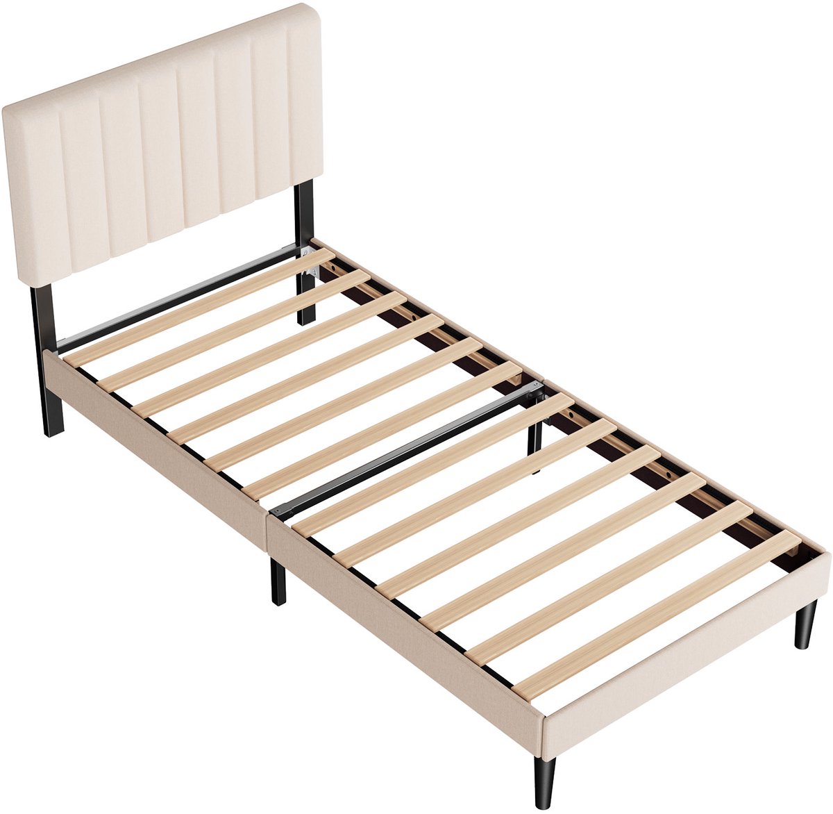 KUTAS Bedframe 90x200 cm - Gestoffeerd - Verticale Strepen - Opbergruimte Onder Bed - Lattenbodem - Extra Stevig Frame - Anti Slip - Eenpersoonsbed - Zonder Matras - Verstelbaar - Grijs