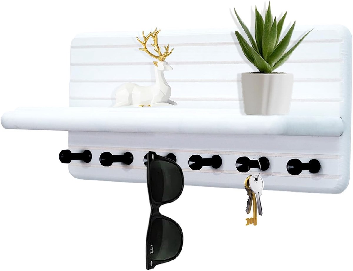 SnelShoppen - Houten Wand Sleutelhanger met 5 Haken voor Entree, Kantoor, Woonkamer, Hal (Wit) - Decoratieve Sleutel Organizer