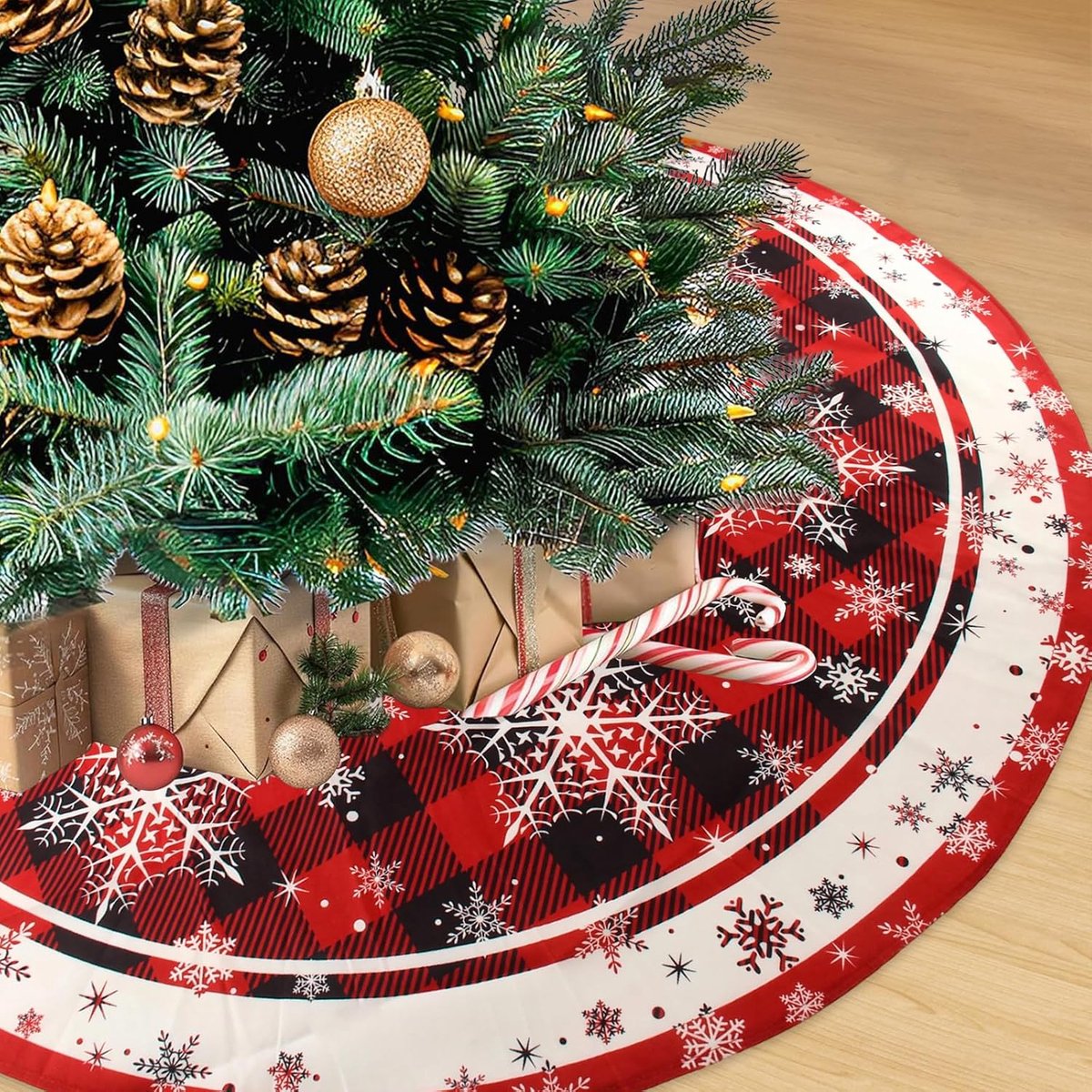 SnelShoppen - Grote Kerstboomrok met Rood Geruit en Sneeuwvlokken 120cm - Hoge Kwaliteit Polyester - Perfect voor Feestelijke Decoraties en Kerstmis