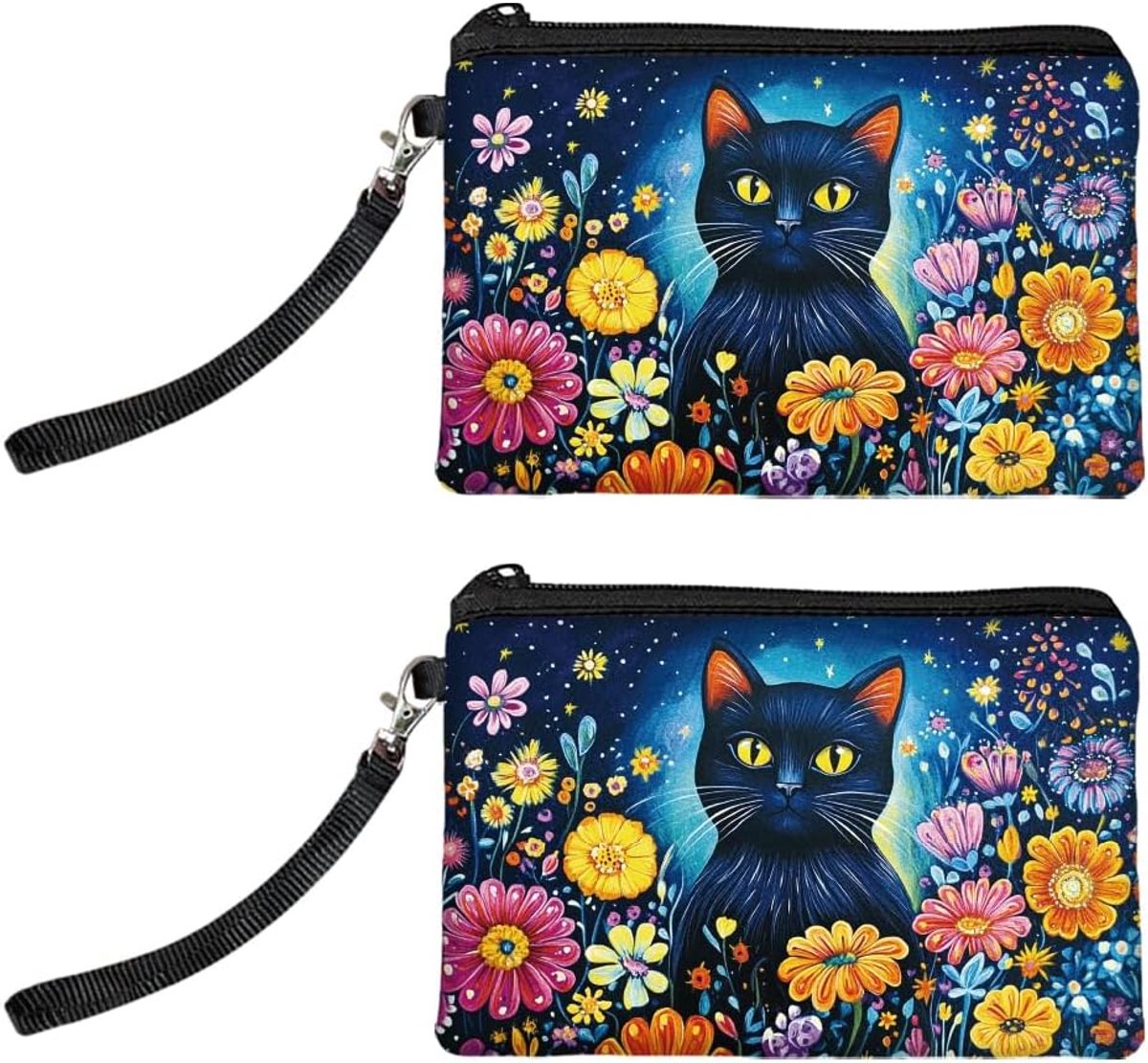 SnelShoppen - Set van 2 Grote Muntentassen voor Vrouwen, Libelle en Wisteria, Duurzame Handtas, Rits Make-up Tas, Kat en Bloemen, Perfect voor Dagelij