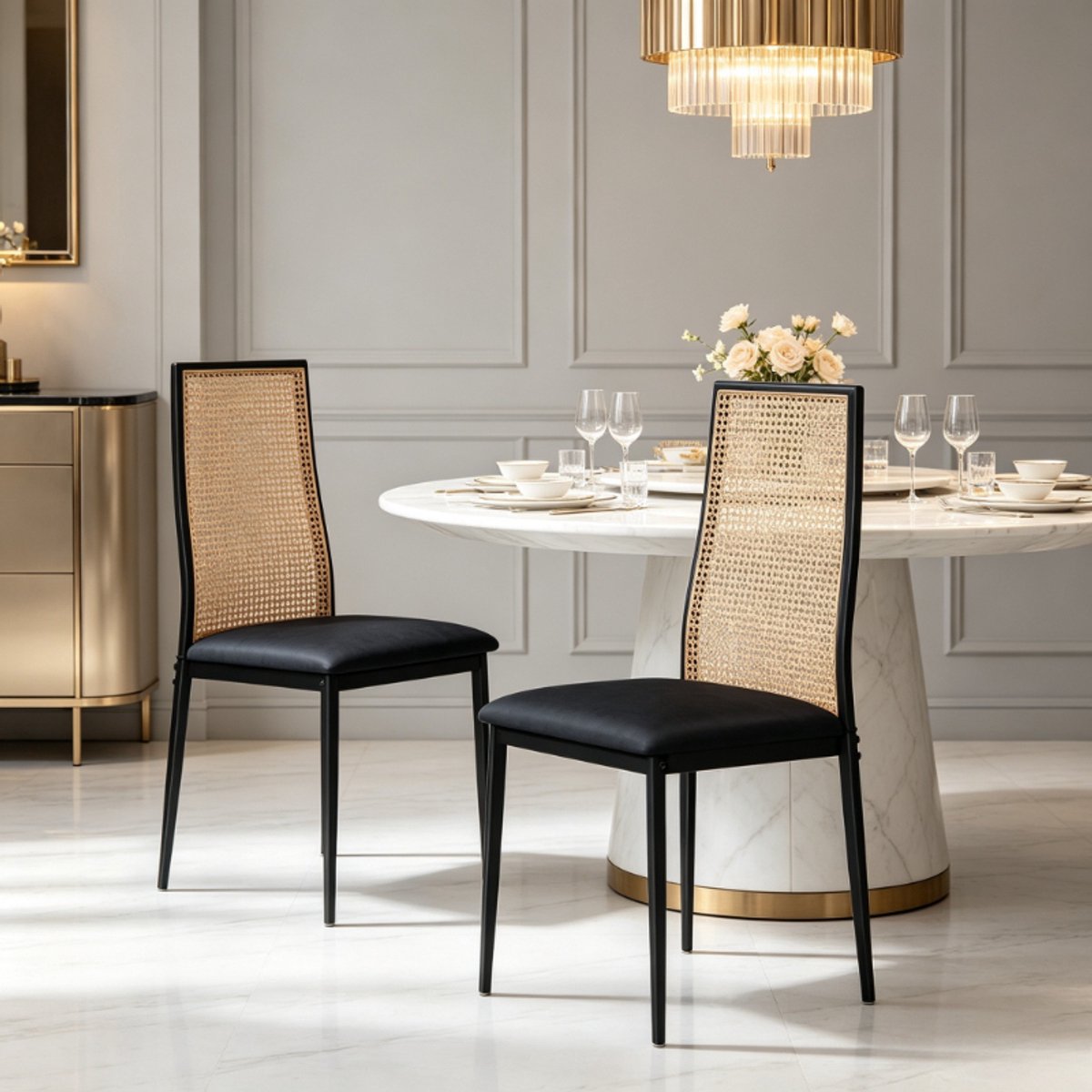 Set van 2 eetkamerstoelen 43x44x97,5 cm, rotan stoelen met ergonomische rugleuning, keukenstoelen met zwart metalen frame en houten rotan zitting