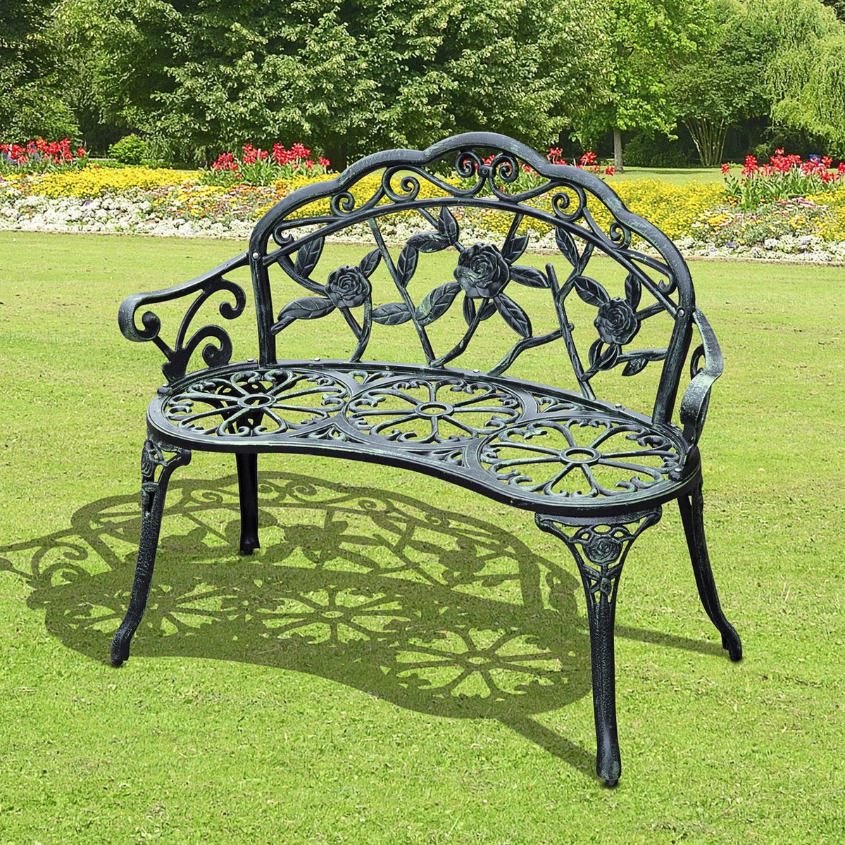 DESMIU Tuinbank 2-Zits 100 X 54 X 78 Cm Met Bloemenversiering Voor Tuin En Terras Van Gietijzer In Antiek Groen