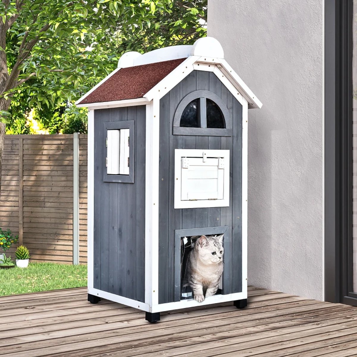 DESMIU Kattenhuis - Tweelaags Ontwerp - 59 x 55 x 109 cm - Hout - Grijs - Voor Binnen en Buiten - Met Asfaltdak