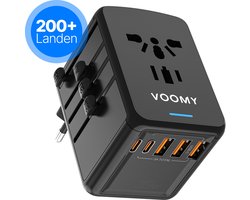 Voomy Universele Reisstekker 35W Snellader - Wereldstekker voor 200+ landen - 2 USB C & 3 USB A Poorten - Travel Adapter: Amerika (USA), Engeland (UK), Australië, Zuid Amerika, Afrika, Italië, Thailand - Zwart