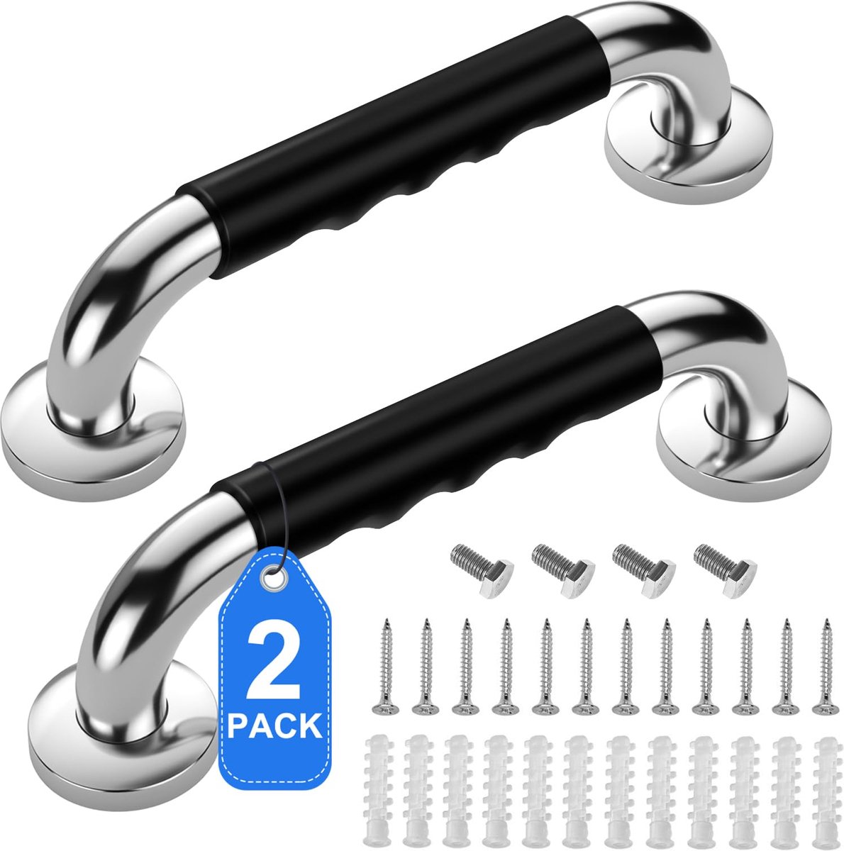 2 Pack Douchebeugel-RVS Veiligheidshandgreep-33.5cm Wandbeugel Badkamer met Siliconen Antislip Handgreep-Senioren Hulpmiddel voor Douche Bad en Toilet-Inclusief Schroeven en Pluggen