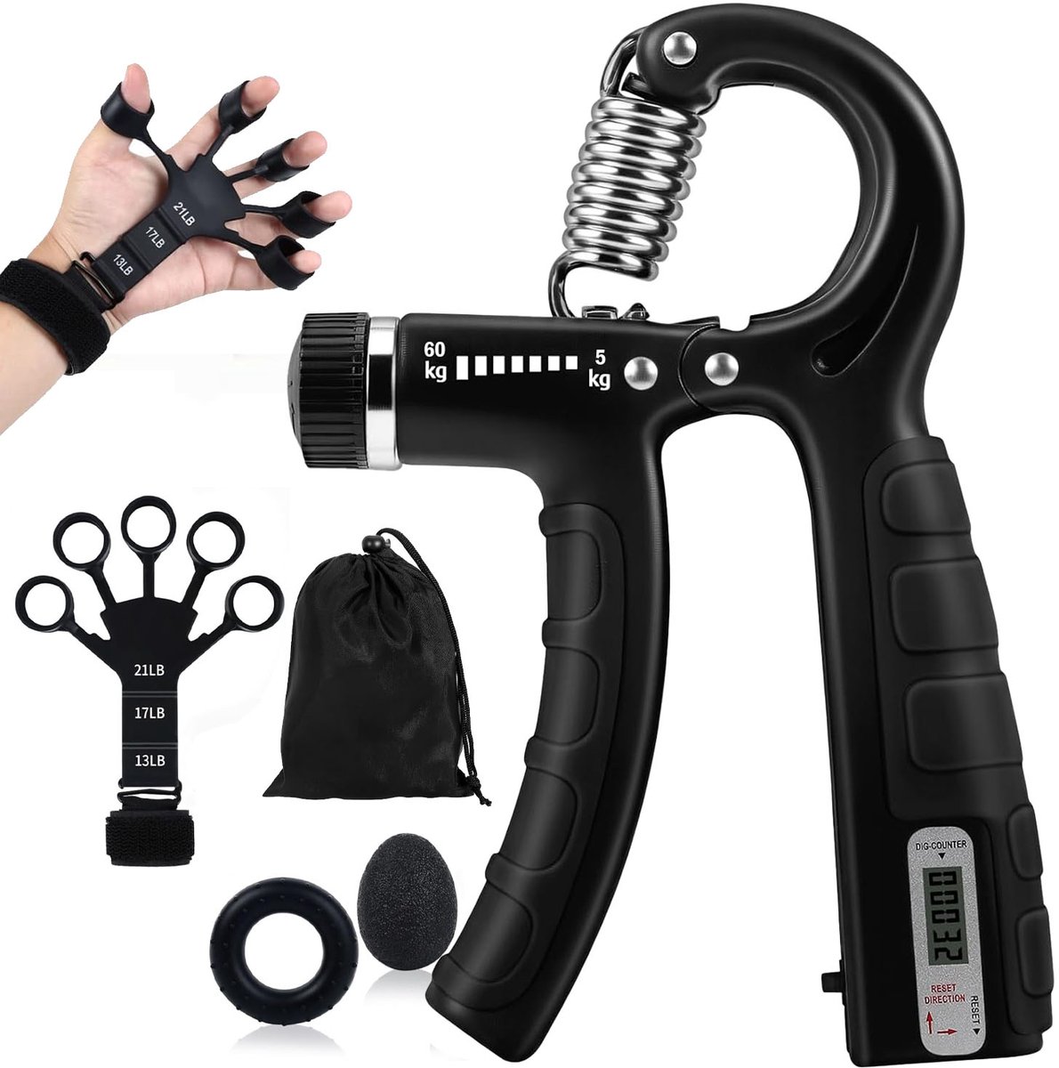 Handtrainer Set - Verstelbare Krachthandgreep 5-60KG - Hand en Pols Trainer - Vingertrainer - Fitness Accessoires voor Mannen en Vrouwen - 5 Delige Set