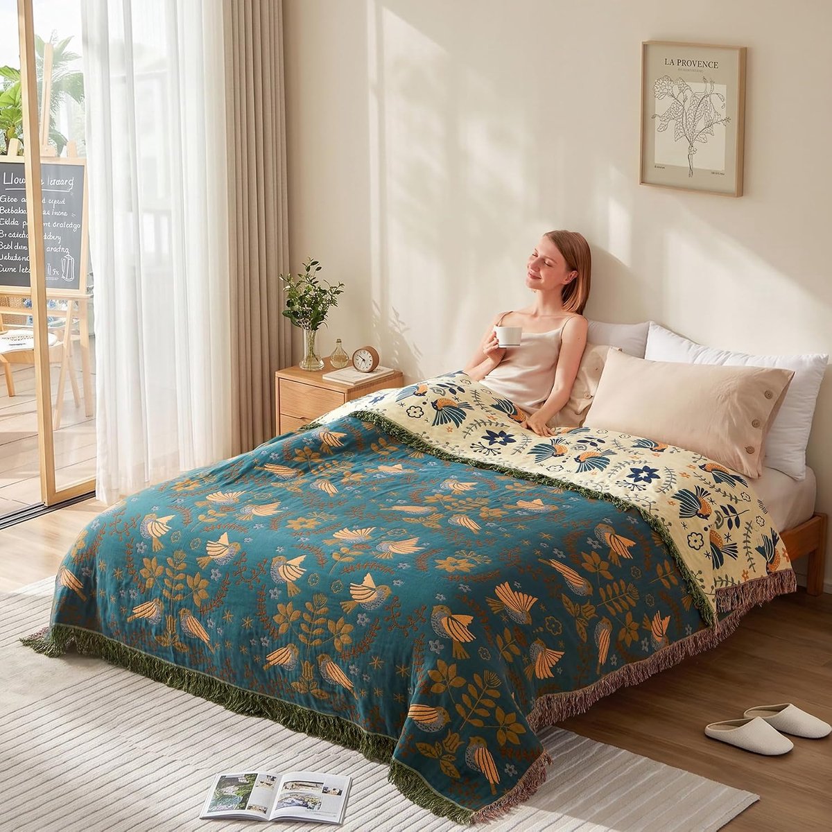 Sofa plaid - Bedsprei - bank deken - Deken - Vogel- en bloemenprint - 150×200cm - Katoen - Groen — cadeau in Wonen & Interieur - foto 8