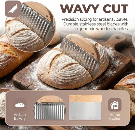 2 stuks deegschraper roestvrij staal, deegkaart met houten handvat en schaal, golfvorm keukenschraper, 15 cm deegsnijder roestvrij staal voor het snijden van deeg, brood, cake, groenten — afbeelding 2