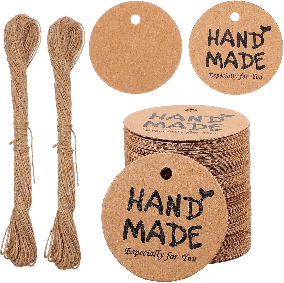 200 stuks cadeaulabels van kraftpapier, handgemaakte labelhangers met 40 meter jute koord, 3 cm, rond, cadeaupapier, labels, bruine etiketten, decoratieve hangetiketten, handgemaakt cadeau