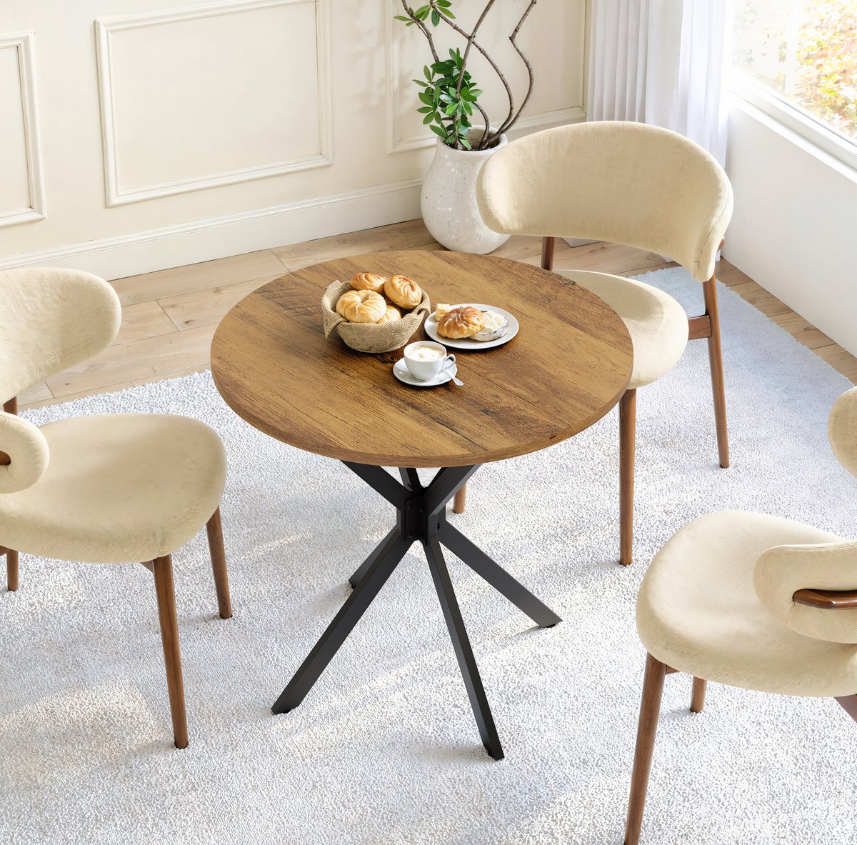DESMIU Eettafel - Ronde Tafel Met X-Poot - Voor Keuken Woonkamer En Thuiswerkplek - Spaanplaat En Metaal - 80 Cm - Bruin Zwart