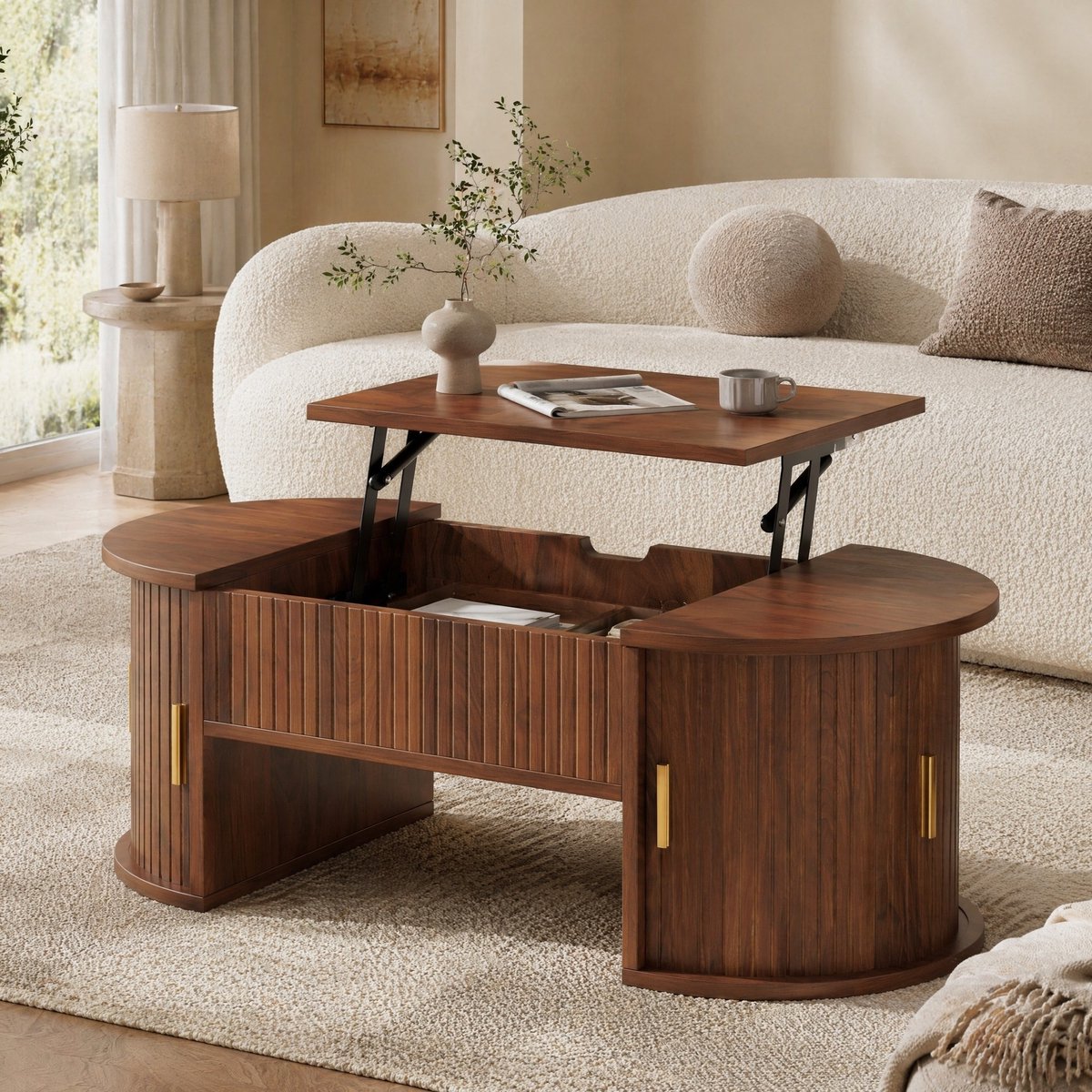 COVREO Salontafel 100x50x40,5 cm walnoot, MDF met schuifdeuren en opbergruimte