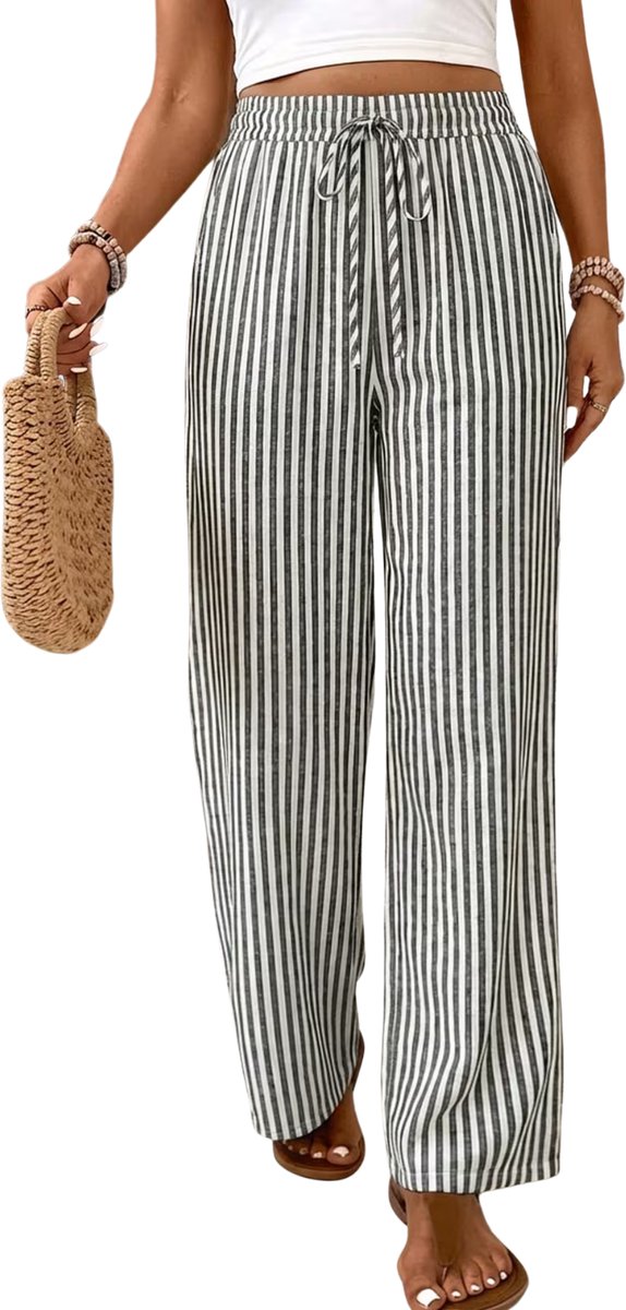 Currero Gestreepte Broek Dames and Striped Pants Yacht Club Linnen Broek Zomerbroek Volwassenen Lange Broek Strandbroek Grijs