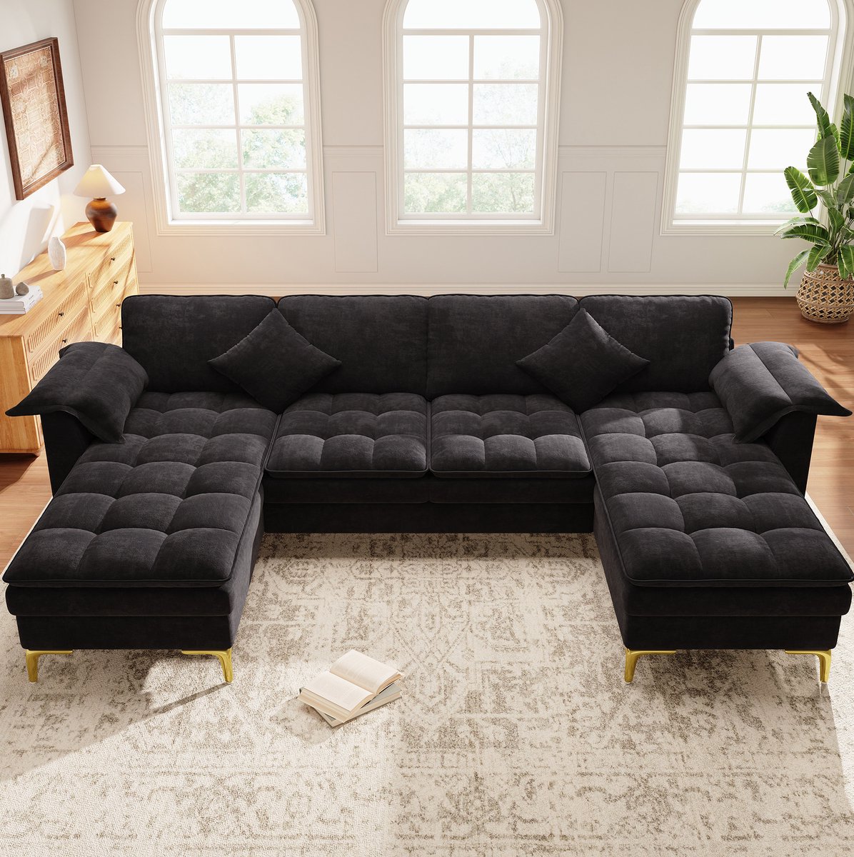 OKWISH U-bank 4-zits - Modulaire Hoekbank Met 2 Chaise Longues, 2 Kussens En Gouden Metalen Poten - Voor Woonkamer En Slaapkamer - Chenille - Zwart