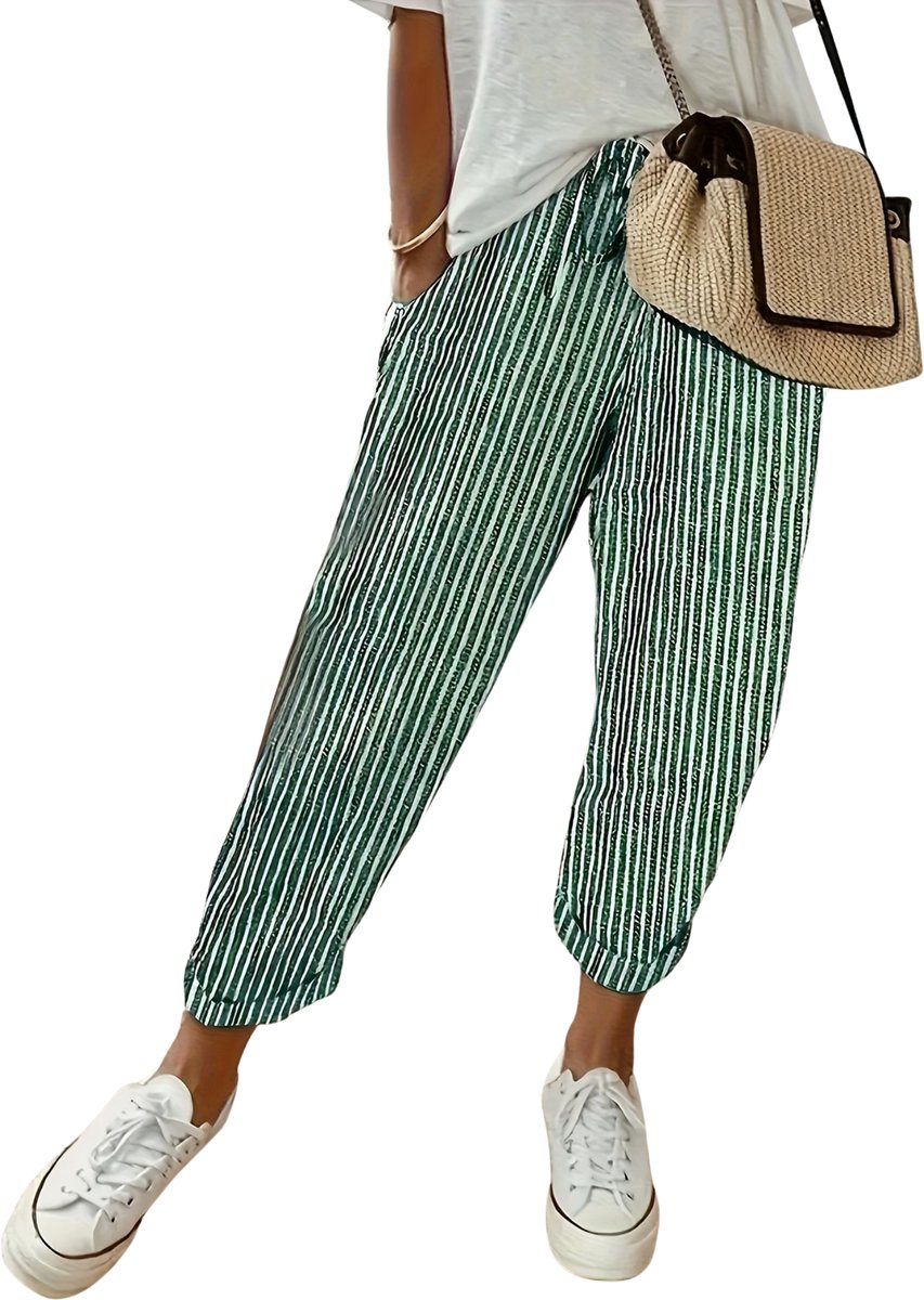 Currero Gestreepte Broek Dames and Striped Pants Yacht Club Linnen Broek Zomerbroek Volwassenen Lange Broek Strandbroek Groen