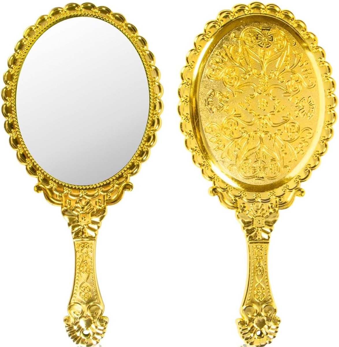 SnelShoppen - Golden Vintage Handspiegel met Handvat - Compacte Pocket Spiegel voor Makeup, Haarcheck, Retro Design, 25.5 x 11.5 cm, Ideaal voor Handt