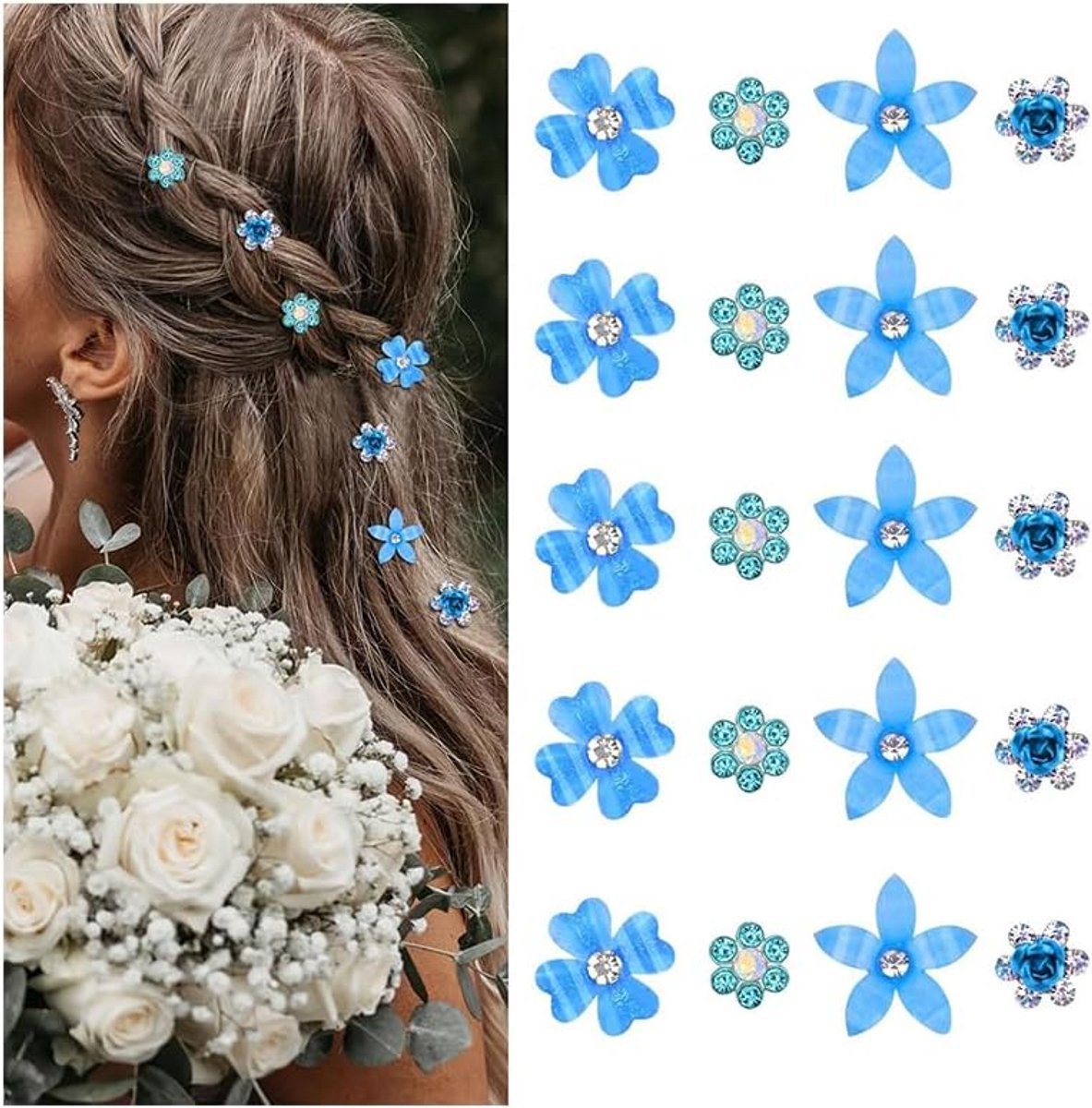 SnelShoppen - 20 Stuks Blauwe Kleine Bloemen Haarspelden, Mini Schattige Strass Metalen Haarclips voor Vrouwen, Bruiloft Haaraccessoires, Bruid Haarsp