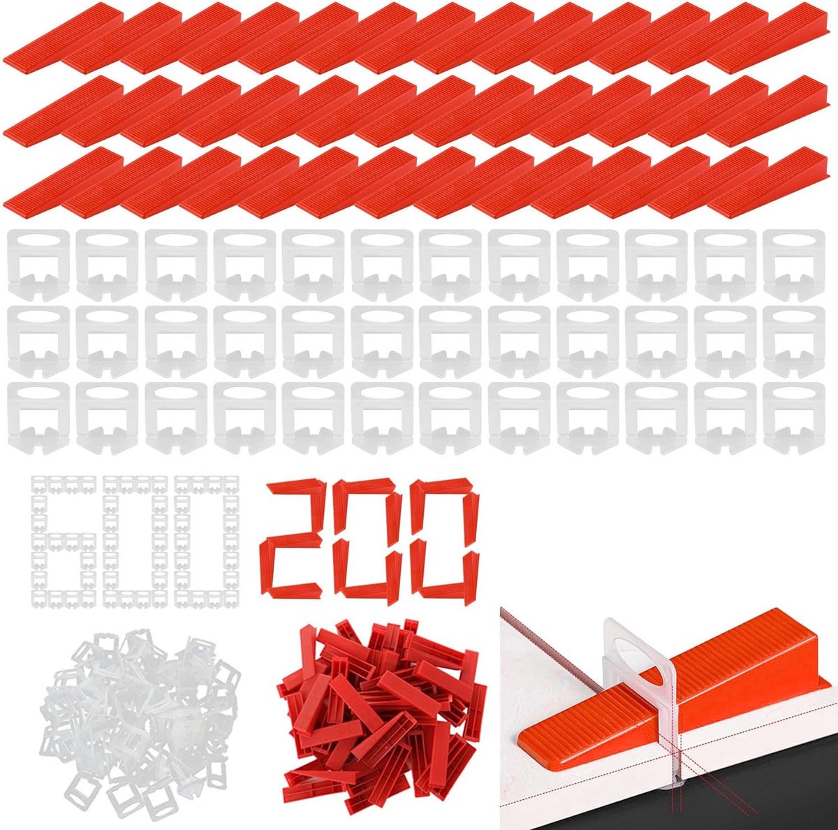 SnelShoppen - Tegel Nivelering Systeem, 800 Stukken, 200 Tegel Wiggen, 600 Nivelering Systemen, 2 mm, Duurzame Kunststof Wiggen voor Vloertegels en Wa