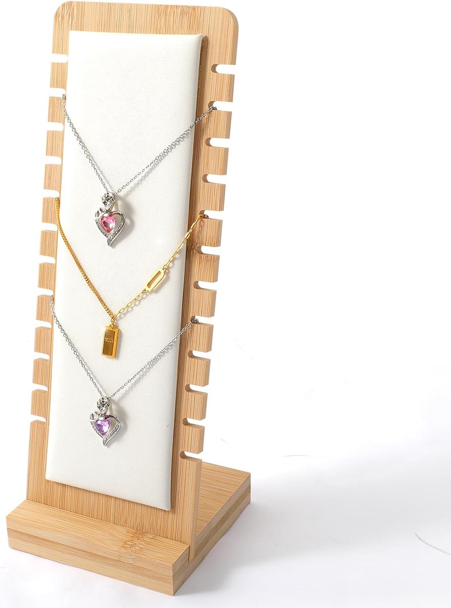 SnelShoppen - Chain Stand Sieradenhouder, Wit Houten Kettingstandaard met 12 Slots, Verticale Sieradenhouder, Kettinghouder met PU Lederen Pads, Perfe