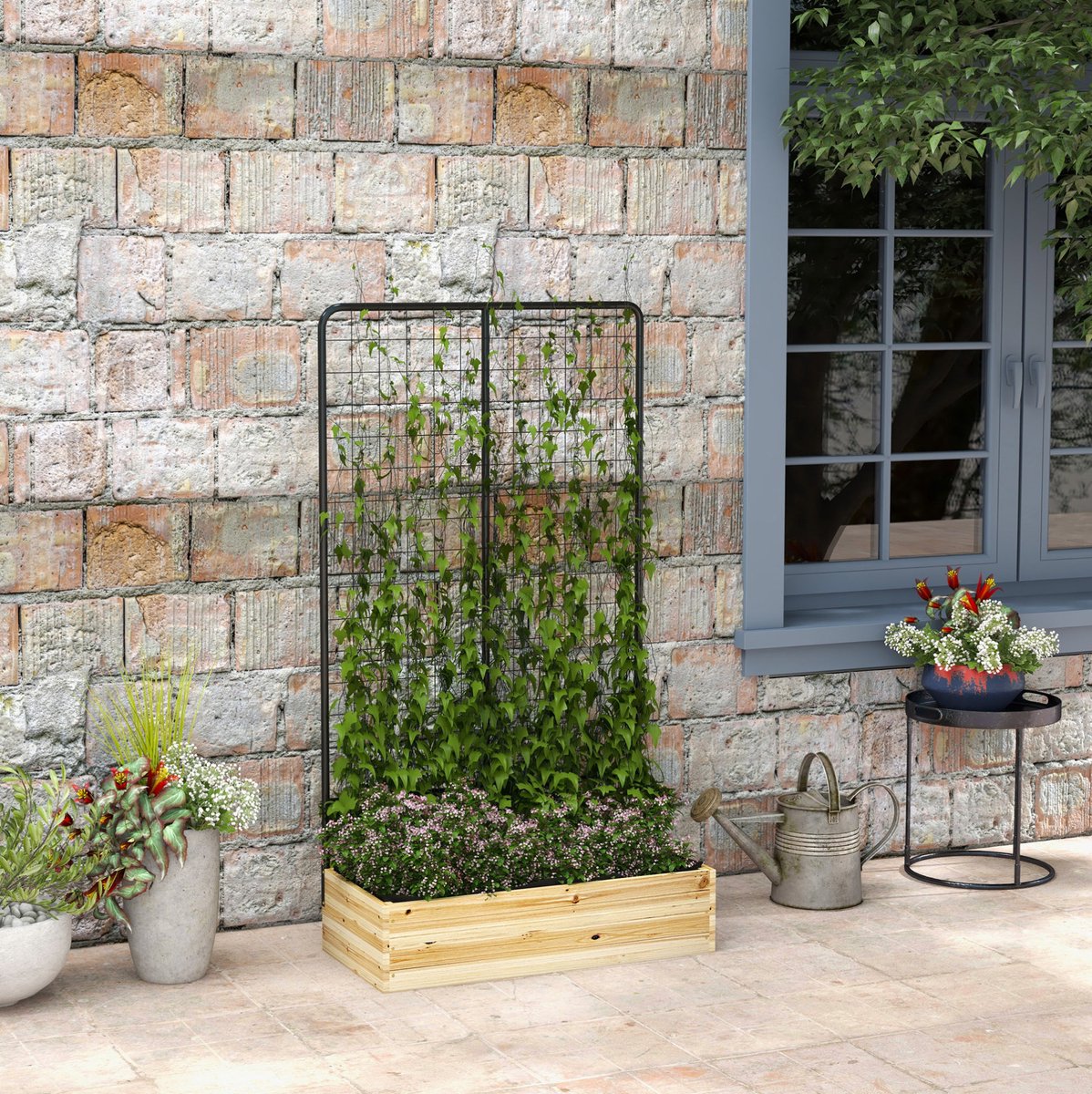 COVREO Moestuinbak 80x38x145 cm naturel, van hout met metalen rankhulp