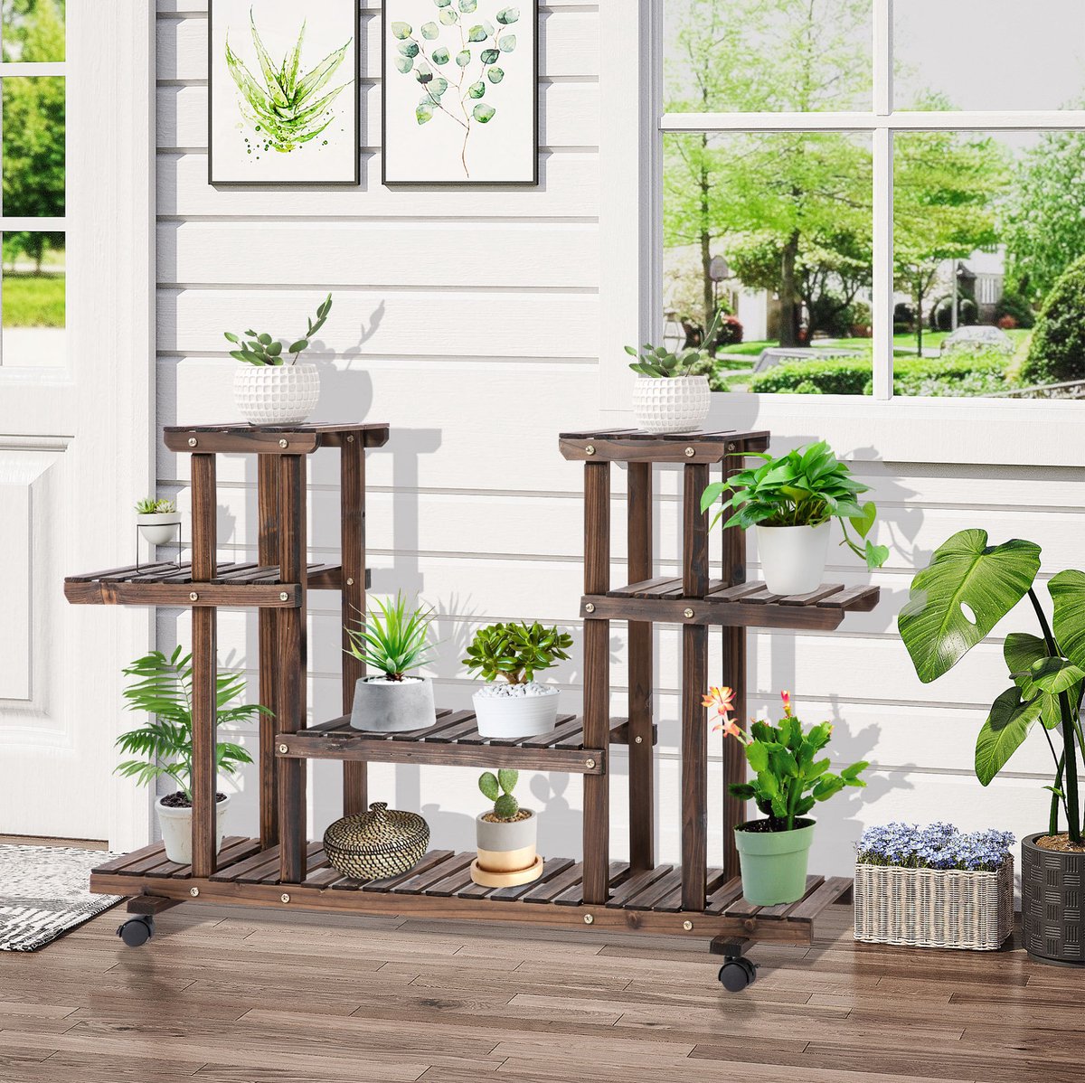 COVREO Plantenrek 123,5x33x80 cm donkerbruin, van hout met 6 planken