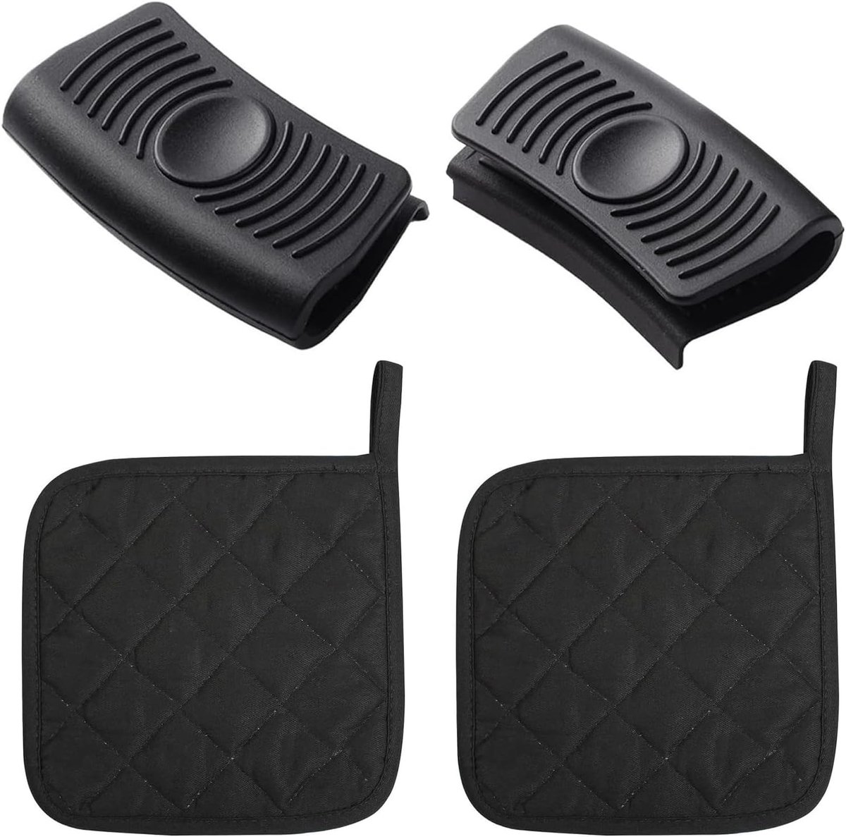 SnelShoppen - Pannenlappen Set 4 Stuks - Hittebestendige Katoenen Potholders met Siliconen Handvatten - Ideaal voor Keuken, Koken en Oven - Zwart en W