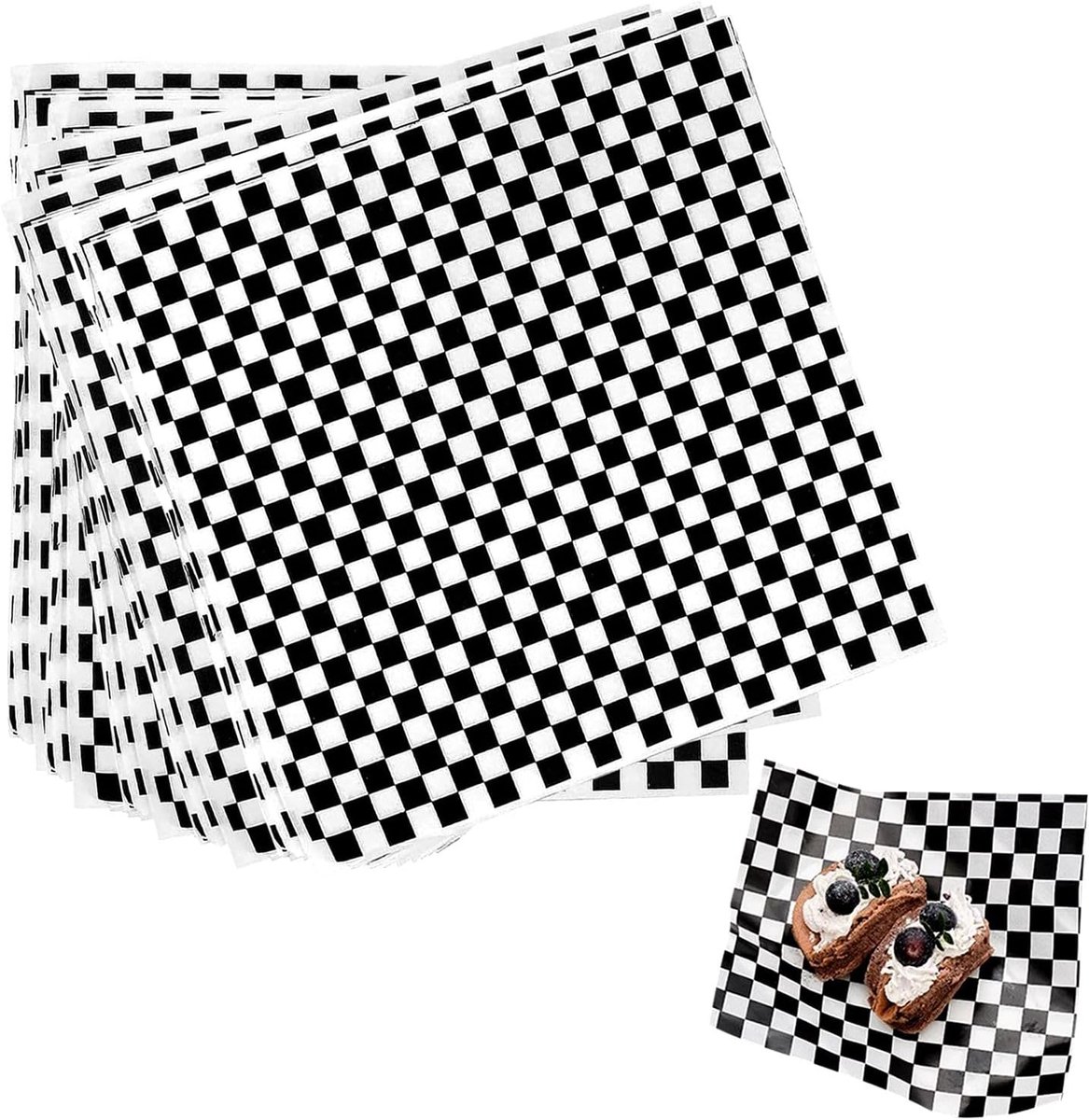 SnelShoppen - 100 Stuks Voedselwaspapier, Zwart en Wit Hamburgerpapier, Geruit Deli Mandje Liner Voedselverpakking, Vettig Bestendig en Perfect voor S