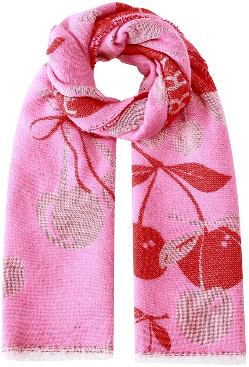 Roze Rode Sjaal Cherryprint - Trendy Wintersjaals met Kersenprint & Tekst - 180cm x 70cm -Dames Sjaals - Roze / Rood
